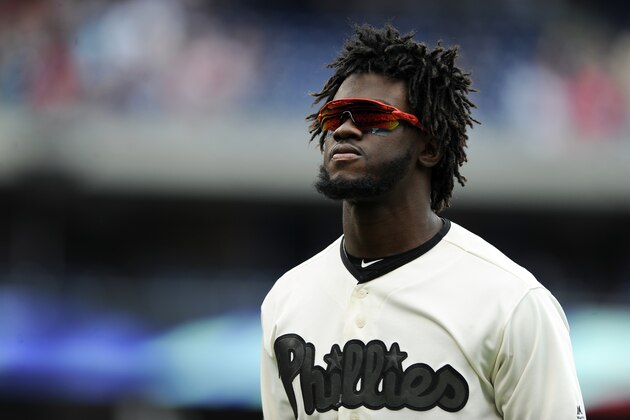 Philadelphia Phillies' Odubel Herrera in action during a baseball game against the Cincinnati Reds on Sunday, May 28, 2017, in Philadelphia. (AP Photo/Michael Perez)