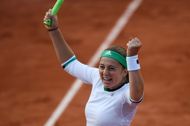 Latvia's Jelena Ostapenko reacts after winning her tennis match against Denmark's Caroline Wozniacki at the Roland Garros 2017 French Open on June 6, 2017 in Paris.  / AFP PHOTO / GABRIEL BOUYS        (Photo credit should read GABRIEL BOUYS/AFP/Getty Images)