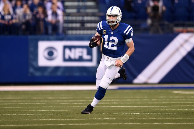 INDIANAPOLIS, IN - JANUARY 01:  Andrew Luck #12 of the Indianapolis Colts runs for yards during a game against the Jacksonville Jaguars at Lucas Oil Stadium on January 1, 2017 in Indianapolis, Indiana.  The Colts defeated the Jaguars 24-20.  (Photo by Stacy Revere/Getty Images)