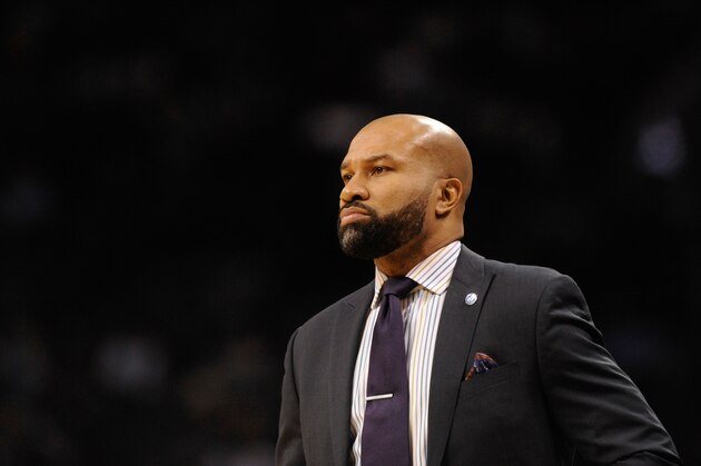 Jan 23, 2016; Charlotte, NC, USA; New York Knicks head coach Derek Fisher during the second half of the game against the Charlotte Hornets at Time Warner Cable Arena. Hornets win 97-84. Mandatory Credit: Sam Sharpe-USA TODAY Sports