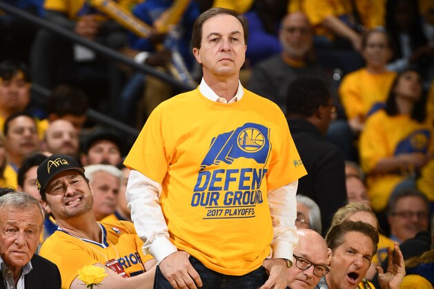 OAKLAND, CA - APRIL 16:  Joe Lacob of the Golden State Warriors attends the Western Conference Quarterfinals game against the Portland Trail Blazers during the 2017 NBA Playoffs on April 16, 2017 at Oracle Arena in Oakland, California. NOTE TO USER: User expressly acknowledges and agrees that, by downloading and or using this photograph, user is consenting to the terms and conditions of Getty Images License Agreement. Mandatory Copyright Notice: Copyright 2017 NBAE (Photo by Garrett Ellwood/NBAE via Getty Images)