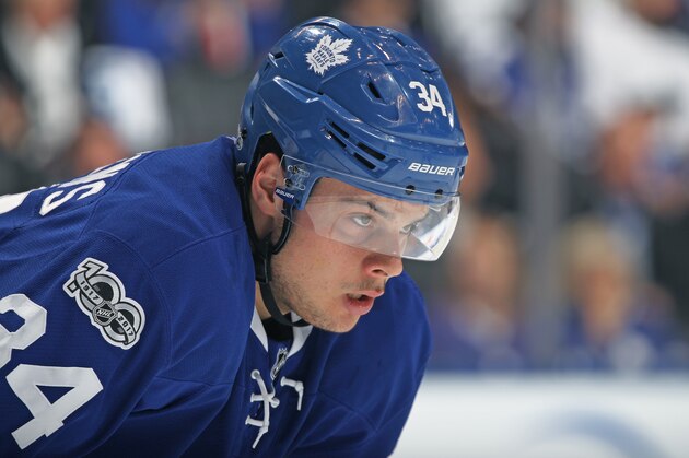TORONTO,ON - APRIL 23:  Auston Matthews #34 of the Toronto Maple Leafs waits for a faceoff against the Washington Capitals in Game Six of the Eastern Conference Quarterfinals during the 2017 NHL Stanley Cup Playoffs at the Air Canada Centre on April 23, 2017 in Toronto, Ontario, Canada. The Capitals defeated the Maple Leafs 2-1 in overtime to win series 4-2. (Photo by Claus Andersen/Getty Images)