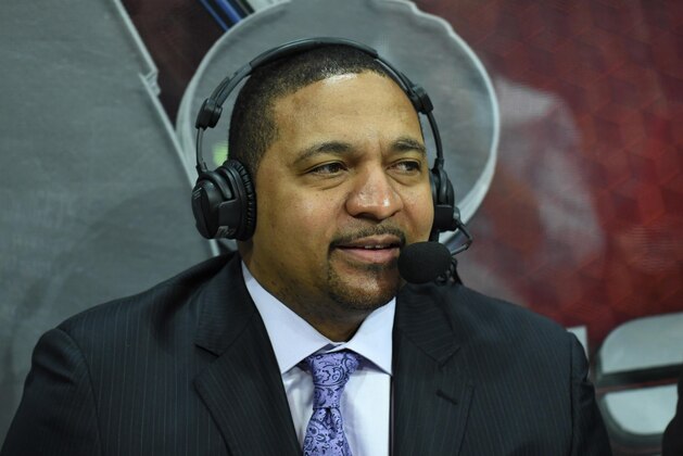 Mar 1, 2017; Los Angeles, CA, USA; ESPN broadcaster Mark Jackson reacts during a NBA basketball game between the Houston Rockets and the Los Angeles Clippers at Staples Center. Mandatory Credit: Kirby Lee-USA TODAY Sports