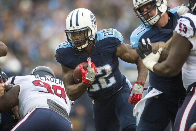 NASHVILLE, TN - JANUARY 01:  Running back Derrick Henry #22 of the Tennessee Titans carries the ball during a NFL game against the Houston Texans at Nissan Stadium on January 1, 2016 in Nashville, Tennessee.  (Photo by Ronald C. Modra/Sports Imagery/ Getty Images)