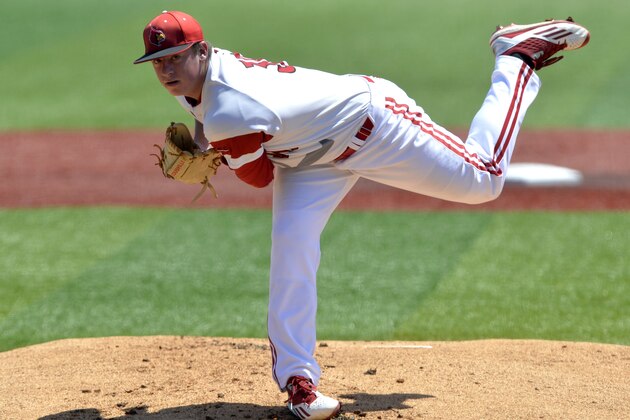 FILE - In this June 11, 2016, file photo, Louisville pitcher Brendan McKay throws against UC Santa Barbara during an NCAA college baseball tournament super regional game in Louisville Ky. The phrase “total package,” as applied to a baseball player or any other athlete, is often thrown around too casually. But there really is no other way to describe Louisville’s Brendan McKay. (AP Photo/Timothy D. Easley, file)