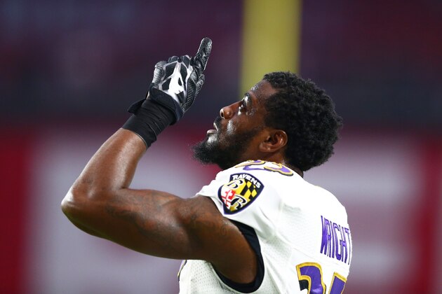 Oct 26, 2015; Glendale, AZ, USA; Baltimore Ravens cornerback Shareece Wright (35) reacts as he points to the sky against the Arizona Cardinals at University of Phoenix Stadium. The Cardinals defeated the Ravens 26-18. Mandatory Credit: Mark J. Rebilas-USA TODAY Sports
