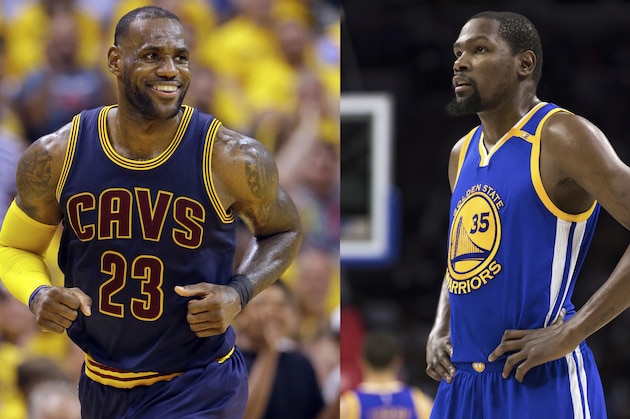 FILE - At left, in an April 20, 2017, file photo, Cleveland Cavaliers forward LeBron James smiles after hitting a basket against the Indiana Pacers during the second half of Game 3 of a first-round NBA basketball playoff series, in Indianapolis. At right, in a Feb. 27, 2017, file photo, Golden State Warriors' Kevin Durant looks on during the first half of an NBA basketball game against the Philadelphia 76ers, in Philadelphia. Kevin Durant looks at LeBron James from afar and marvels at how the Cavs main man keeps finding a way to take his game to another level, year after year. (AP Photo/File) FILE - At left, in an April 20, 2017, file photo, Cleveland Cavaliers forward LeBron James smiles after hitting a basket against the Indiana Pacers during the second half of Game 3 of a first-round NBA basketball playoff series, in Indianapolis. At right, in a Feb. 27, 2017, file photo, Golden State Warriors' Kevin Durant looks on during the first half of an NBA basketball game against the Philadelphia 76ers, in Philadelphia. Kevin Durant looks at LeBron James from afar and marvels at how the Cavs main man keeps finding a way to take his game to another level, year after year. (AP Photo/File)
