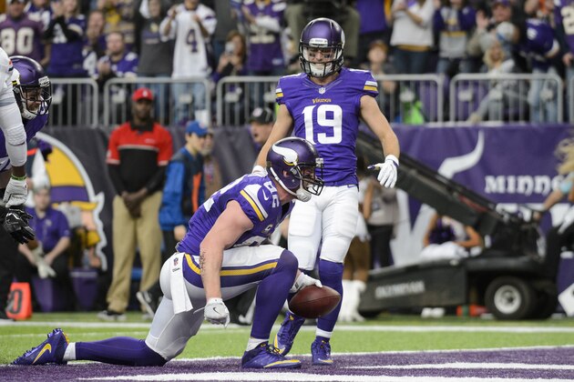 MINNEAPOLIS, MN - JANUARY 01: Kyle Rudolph #82 and Adam Thielen #19 of the Minnesota Vikings celebrate a touchdown against the Chicago Bears by Rudolph during the game on January 1, 2017 at US Bank Stadium in Minneapolis, Minnesota. (Photo by Hannah Foslien/Getty Images)