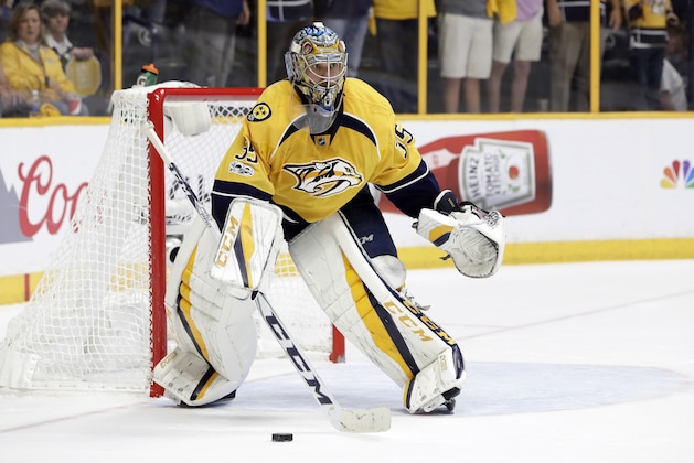 Nashville Predators goalie Pekka Rinne, of Finland, plays against the Anaheim Ducks during the third period in Game 6 of the Western Conference final in the NHL hockey Stanley Cup playoffs Monday, May 22, 2017, in Nashville, Tenn. (AP Photo/Mark Humphrey)