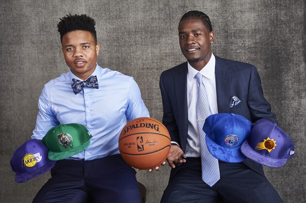 NEW YORK, NEW YORK - MAY 16: Draft prospects Markelle Fultz and Josh Jackson poses for portraits prior to the 2017 NBA Draft Lottery at the NBA Headquarters in New York, New York. NOTE TO USER: User expressly acknowledges and agrees that, by downloading and or using this Photograph, user is consenting to the terms and conditions of the Getty Images License Agreement.  Mandatory Copyright Notice: Copyright 2017 NBAE (Photo by Jennifer Pottheiser/NBAE via Getty Images)