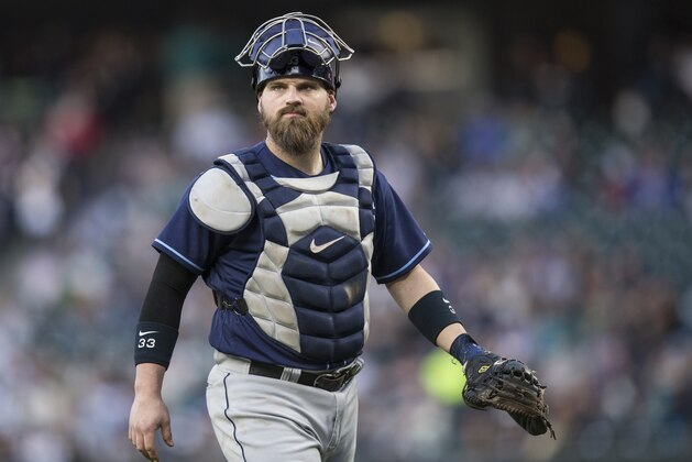 SEATTLE, WA - JUNE 3: Catcher Derek Norris #33 of the Tampa Bay Rays walks back to home plate during a game against the Seattle Mariners at Safeco Field on June 3, 2017 in Seattle, Washington. The Mariners won the game 9-2. (Photo by Stephen Brashear/Getty Images)