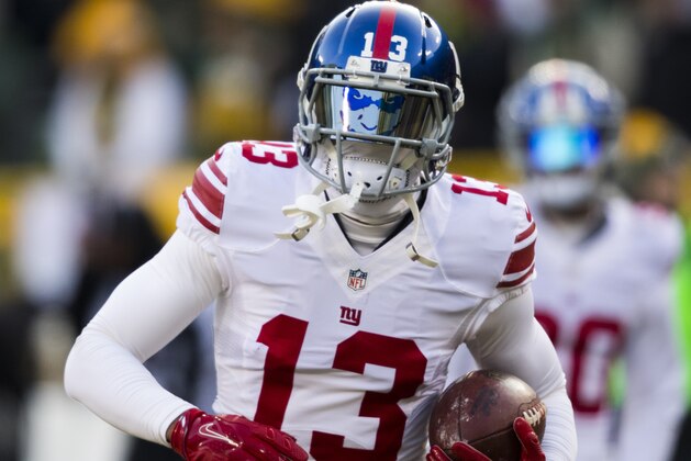 Odell Beckham Jr. warms up before an NFL football game against the Green Bay Packers on Sunday, Jan. 8, 2017, in Green Bay, Wis. (AP Photo/Jeffrey Phelps)