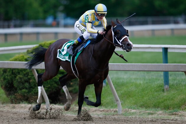 BALTIMORE, MD - MAY 20:  Classic Empire #5 ridden by Julien Leparoux leads the field around the fourth turn during the 142nd running of the Preakness Stakes at Pimlico Race Course on May 20, 2017 in Baltimore, Maryland.  (Photo by Matt Hazlett/Getty Images)