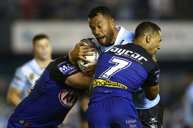 SYDNEY, AUSTRALIA - MAY 27: Jayson Bukuya of the Sharks is tackled during the round 12 NRL match between the Cronulla Sharks and the Canterbury Bulldogs at Southern Cross Group Stadium on May 27, 2017 in Sydney, Australia. (Photo by Mark Metcalfe/Getty Images) SYDNEY, AUSTRALIA - MAY 27: Jayson Bukuya of the Sharks is tackled during the round 12 NRL match between the Cronulla Sharks and the Canterbury Bulldogs at Southern Cross Group Stadium on May 27, 2017 in Sydney, Australia. (Photo by Mark Metcalfe/Getty Images)