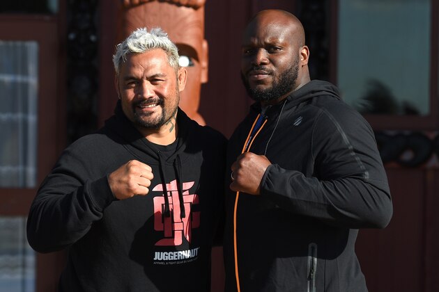 AUCKLAND, NEW ZEALAND - JUNE 07:  Heavyweight fighters Mark Hunt of New Zealand and Derrick Lewis of the United States receive a traditional welcome from the Ngti Whtua tribe ahead of their fight at the Orakei Marae on June 7, 2017 in Auckland, New Zealand. (Photo by Josh Hedges/Zuffa LLC/Zuffa LLC via Getty Images)