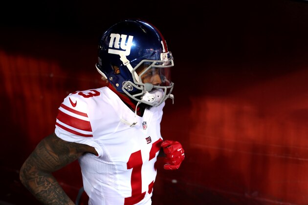 LANDOVER, MD - JANUARY 01: Wide receiver Odell Beckham #13 of the New York Giants runs onto the field prior to a game against the Washington Redskins at FedExField on January 1, 2017 in Landover, Maryland. (Photo by Rob Carr/Getty Images)