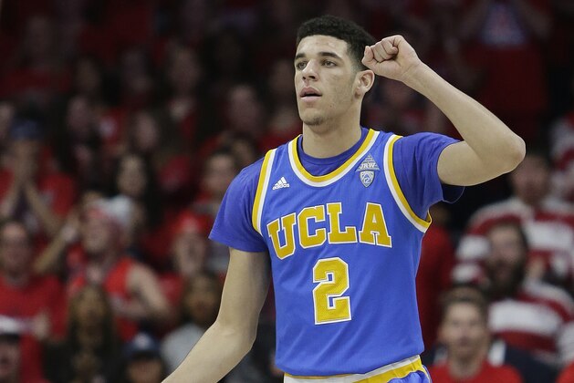 UCLA guard Lonzo Ball (2) during the first half of an NCAA college basketball game against Arizona, Saturday, Feb. 25, 2017, in Tucson, Ariz. (AP Photo/Rick Scuteri)
