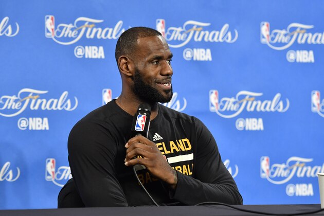 CLEVELAND, OH - JUNE 06: LeBron James of the Cleveland Cavaliers addresses the media during practice and media availability as part of the 2017 NBA Finals on June 06, 2017 at Quicken Loans Arena in Cleveland, Ohio. NOTE TO USER: User expressly acknowledges and agrees that, by downloading and or using this photograph, User is consenting to the terms and conditions of the Getty Images License Agreement. Mandatory Copyright Notice: Copyright 2017 NBAE (Photo by David Liam Kyle/NBAE via Getty Images) CLEVELAND, OH - JUNE 06: LeBron James of the Cleveland Cavaliers addresses the media during practice and media availability as part of the 2017 NBA Finals on June 06, 2017 at Quicken Loans Arena in Cleveland, Ohio. NOTE TO USER: User expressly acknowledges and agrees that, by downloading and or using this photograph, User is consenting to the terms and conditions of the Getty Images License Agreement. Mandatory Copyright Notice: Copyright 2017 NBAE (Photo by David Liam Kyle/NBAE via Getty Images)