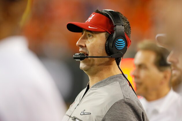 TAMPA, FL - JANUARY 09:  Offensive coordinator Steve Sarkisian of the Alabama Crimson Tide looks on during the second half of the 2017 College Football Playoff National Championship Game against the Clemson Tigers at Raymond James Stadium on January 9, 2017 in Tampa, Florida.  (Photo by Kevin C. Cox/Getty Images)