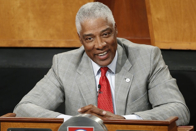 Philadelphia 76ers adviser Julius Iriving sits on stage during the NBA draft lottery in New York, Tuesday, May 20, 2014.  (AP Photo/Kathy Willens)