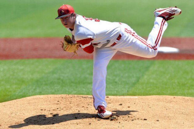 FILE - In this June 11, 2016, file photo, Louisville pitcher Brendan McKay throws against UC Santa Barbara during an NCAA college baseball tournament super regional game in Louisville, Ky. McKay was named the Atlantic Coast Conference's Player of the Year by league coaches Monday, May 22, 2017. (AP Photo/Timothy D. Easley, File)