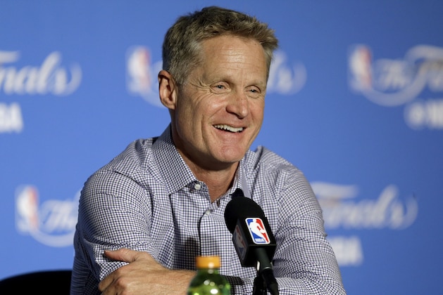 Golden State Warriors head coach Steve Kerr speaks at a news conference after Game 2 of basketball's NBA Finals against the Cleveland Cavaliers in Oakland, Calif., Sunday, June 4, 2017. (AP Photo/Ben Margot)