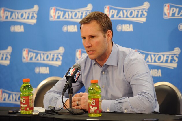 CHICAGO, IL - APRIL 28:  Fred Hoiberg of the Chicago Bulls talks to the media during a press conference after Game Six of the Eastern Conference Quarterfinals against the Boston Celtics during the 2017 NBA Playoffs on April 28, 2017 at the United Center in Chicago, Illinois. NOTE TO USER: User expressly acknowledges and agrees that, by downloading and or using this photograph, user is consenting to the terms and conditions of the Getty Images License Agreement.  Mandatory Copyright Notice: Copyright 2017 NBAE (Photo by Randy Belice/NBAE via Getty Images)