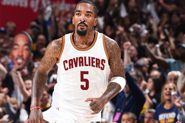 CLEVELAND, OH - JUNE 7:  J.R. Smith #5 of the Cleveland Cavaliers reacts to a play against the Golden State Warriors in Game Three of the 2017 NBA Finals on June 7, 2017 at Quicken Loans Arena in Cleveland, Ohio. NOTE TO USER: User expressly acknowledges and agrees that, by downloading and/or using this photograph, user is consenting to the terms and conditions of Getty Images License Agreement. Mandatory Copyright Notice: Copyright 2017 NBAE (Photo by Andrew D. Bernstein/NBAE via Getty Images)