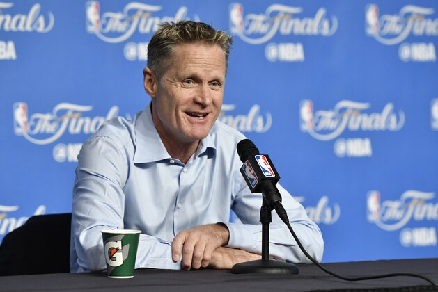 CLEVELAND, OH - JUNE 7:  Head coach Steve Kerr of the Golden State Warriors addresses the media during a press conference before Game Three of the 2017 NBA Finals against the Cleveland Cavaliers on June 7, 2017 at The Quicken Loans Arena in Cleveland, Ohio. NOTE TO USER: User expressly acknowledges and agrees that, by downloading and or using this photograph, user is consenting to the terms and conditions of Getty Images License Agreement. Mandatory Copyright Notice: Copyright 2017 NBAE (Photo by David Liam Kyle/NBAE via Getty Images)
