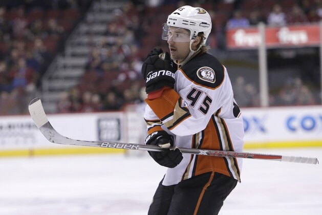 Anaheim Ducks defenseman Sami Vatanen (45) in the first period during an NHL hockey game against the Arizona Coyotes, Monday, Feb. 20, 2017, in Glendale, Ariz. (AP Photo/Rick Scuteri)