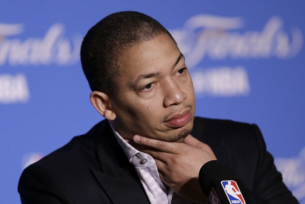 Cleveland Cavaliers head coach Tyronn Lue speaks at a news conference after Game 2 of basketball's NBA Finals against the Golden State Warriors in Oakland, Calif., Sunday, June 4, 2017. (AP Photo/Ben Margot)