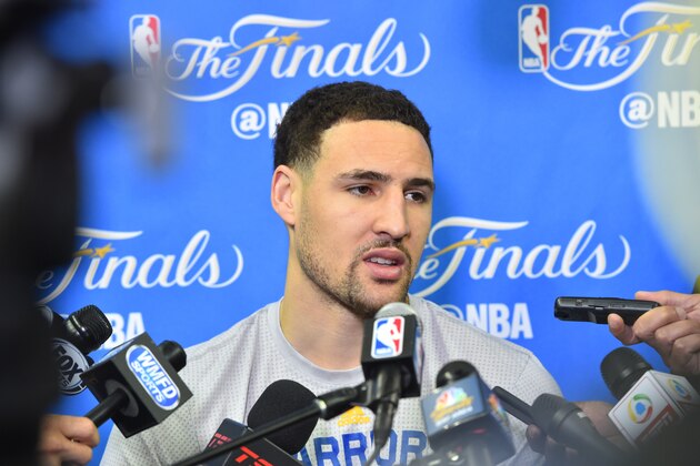 CLEVELAND, OH - JUNE 06: Klay Thompson of the Golden State Warriors addresses the media during practice and media availability as part of the 2017 NBA Finals on June 06, 2017 at Quicken Loans Arena in Cleveland, Ohio. NOTE TO USER: User expressly acknowledges and agrees that, by downloading and or using this photograph, User is consenting to the terms and conditions of the Getty Images License Agreement. Mandatory Copyright Notice: Copyright 2017 NBAE (Photo by Jesse D. Garrabrant/NBAE via Getty Images)