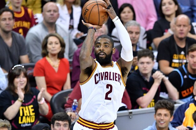 CLEVELAND, OH - JUNE 07: Kyrie Irving #2 of the Cleveland Cavaliers shoots in the first quarter against the Golden State Warriors in Game 3 of the 2017 NBA Finals at Quicken Loans Arena on June 7, 2017 in Cleveland, Ohio. NOTE TO USER: User expressly acknowledges and agrees that, by downloading and or using this photograph, User is consenting to the terms and conditions of the Getty Images License Agreement.  (Photo by Jason Miller/Getty Images)
