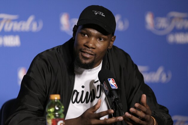 Golden State Warriors forward Kevin Durant speaks at a news conference after Game 2 of basketball's NBA Finals against the Cleveland Cavaliers in Oakland, Calif., Sunday, June 4, 2017. (AP Photo/Ben Margot)
