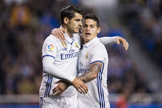 LA CORUNA, SPAIN - APRIL 26:  James Rodriguez of Real Madrid celebrates with his teammates Alvaro Morata of Real Madrid after scoring his team's fourth goal during the La Liga match between RC Deportivo La Coruna and Real Madrid at Riazor Stadium on April 26, 2017 in La Coruna, Spain.  (Photo by Juan Manuel Serrano Arce/Getty Images)