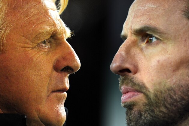 FILE PHOTO (EDITORS NOTE: GRADIENT ADDED - COMPOSITE OF TWO IMAGES - Image numbers (L) 160842343 and 613954210) In this composite image a comparision has been made between Scotland manager Gordon Strachan and  England Manager Gareth Southgate. Scotland and  England meet in a FIFA 2018 World Cup Qualifier  at Hampden Park on June 10, 2017 in Glasgow,Scotland.   ***LEFT IMAGE*** ABERDEEN, SCOTLAND - FEBRUARY 06: Scotland manager Gordon Strachan looks on during the International Friendly match between Scotland and Estonia at Pittodrie Stadium on February 6, 2013 in Aberdeen, Scotland. (Photo by Stu Forster/Getty Images) ***RIGHT IMAGES*** LJUBLJANA, SLOVENIA - OCTOBER 11: Interim England Manager Gareth Southgate looks on before the FIFA 2018 World Cup Qualifier Group F match between Slovenia and England at Stadion Stozice on October 11, 2016 in Ljubljana, Slovenia. (Photo by Laurence Griffiths/Getty Images)
