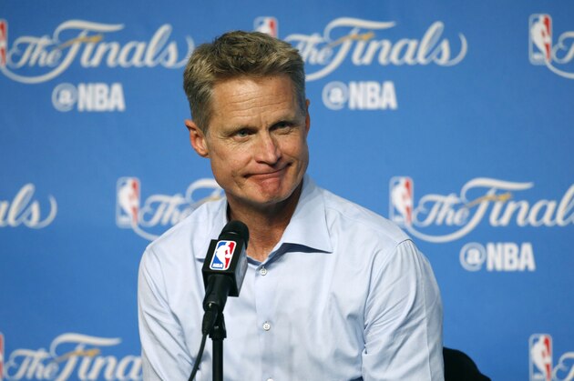 Golden State Warriors coach Steve Kerr speaks after Game 3 of basketball's NBA Finals against the Cleveland Cavaliers in Cleveland, early Thursday, June 8, 2017. Golden State won 118-113. (AP Photo/Ron Schwane)