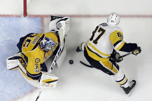 Nashville Predators goalie Pekka Rinne (35), of Finland, stops a shot by Pittsburgh Penguins center Sidney Crosby (87) during the second period in Game 4 of the NHL hockey Stanley Cup Finals Monday, June 5, 2017, in Nashville, Tenn. (AP Photo/Mark Humphrey)