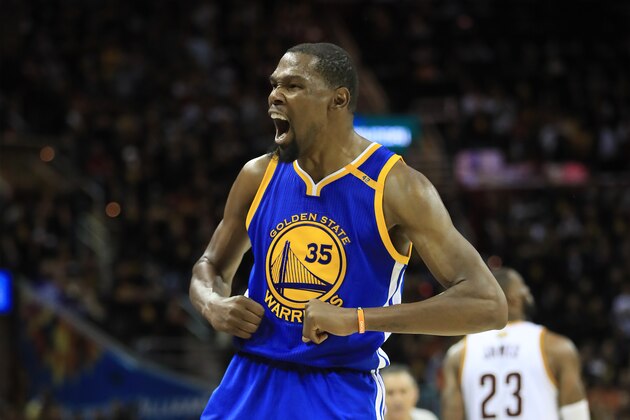 CLEVELAND, OH - JUNE 07:  Kevin Durant #35 of the Golden State Warriors reacts against the Cleveland Cavaliers during the second half in Game 3 of the 2017 NBA Finals at Quicken Loans Arena on June 7, 2017 in Cleveland, Ohio. NOTE TO USER: User expressly acknowledges and agrees that, by downloading and or using this photograph, User is consenting to the terms and conditions of the Getty Images License Agreement.  (Photo by Ronald Martinez/Getty Images)