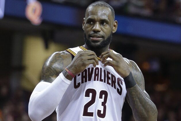 Cleveland Cavaliers' LeBron James (23) stares against the Boston Celtics during the first half of Game 4 of the NBA basketball Eastern Conference finals, Tuesday, May 23, 2017, in Cleveland. (AP Photo/Tony Dejak)