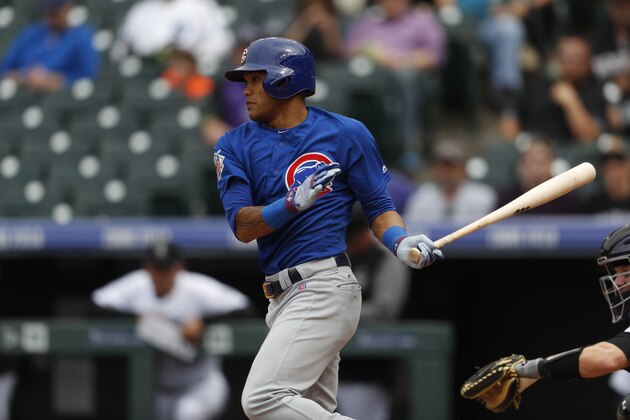 Chicago Cubs shortstop Addison Russell (27) in the ninth inning of the first baseball game of a doubleheader Tuesday, May 9, 2017, in Denver. The Rockies won 10-4. (AP Photo/David Zalubowski)