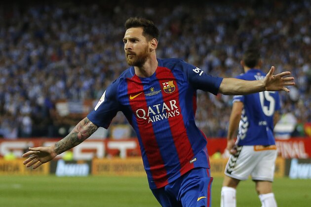 Barcelona's Lionel Messi celebrates after scoring a goal during the Copa del Rey final soccer match between Barcelona and Alaves at the Vicente Calderon stadium in Madrid, Spain, Saturday May 27, 2017. (AP Photo/Daniel Ochoa de Olza)