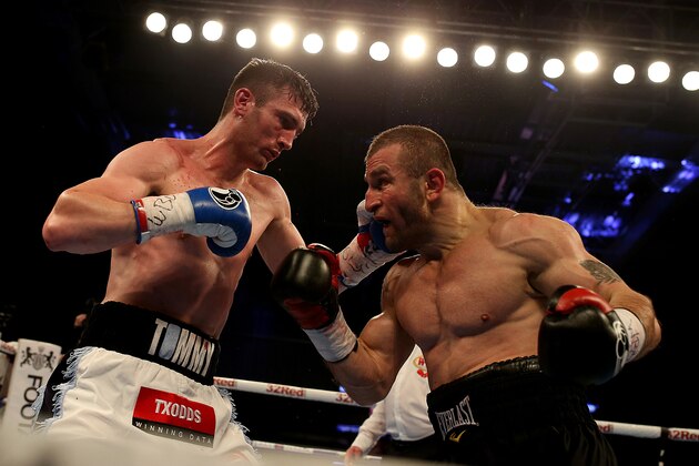 LEICESTER, ENGLAND - APRIL 22:  Tommy Langford (L) in action against Avtandil Khurtsidze for the Interim WBO World Middleweight Title at the Leicester Arena on April 22, 2017 in Leicester, England. (Photo by Nigel Roddis/Getty Images)