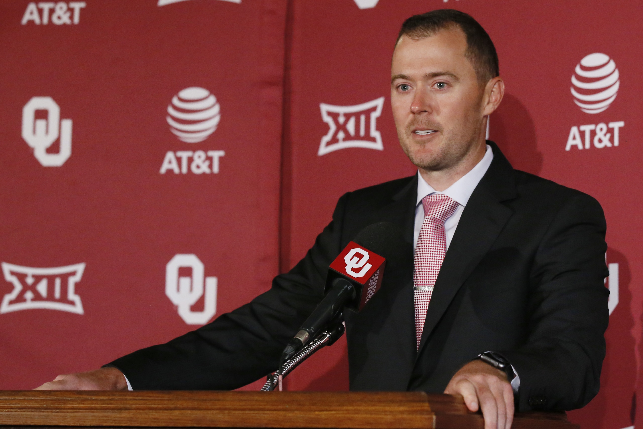 Lincoln Riley speaks at a news conference after being named football coach at Oklahoma in Norman, Okla., Wednesday, June 7, 2017. (AP Photo/Sue Ogrocki)