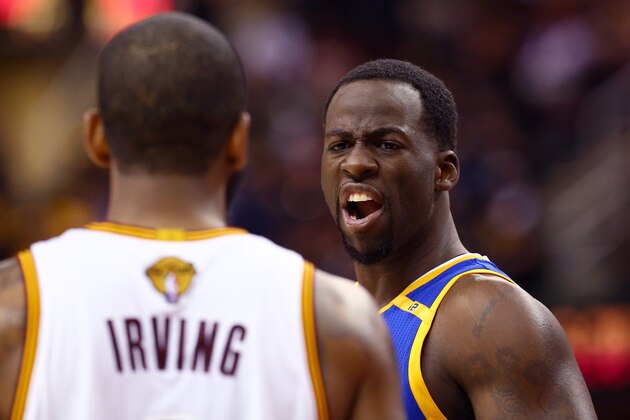 CLEVELAND, OH - JUNE 07:  Draymond Green #23 of the Golden State Warriors speaks to Kyrie Irving #2 of the Cleveland Cavaliers in the fourth quarter in Game 3 of the 2017 NBA Finals at Quicken Loans Arena on June 7, 2017 in Cleveland, Ohio. NOTE TO USER: User expressly acknowledges and agrees that, by downloading and or using this photograph, User is consenting to the terms and conditions of the Getty Images License Agreement.  (Photo by Ronald Martinez/Getty Images)