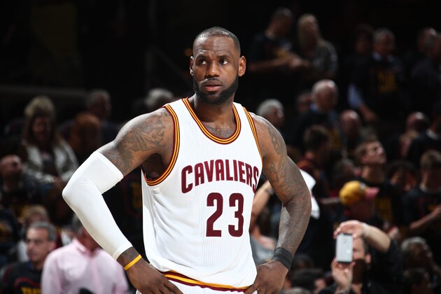 CLEVELAND, OH - JUNE 7:  LeBron James #23 of the Cleveland Cavaliers looks on during the game against the Golden State Warriors in Game Three of the 2017 NBA Finals on June 7, 2017 at Quicken Loans Arena in Cleveland, Ohio. NOTE TO USER: User expressly acknowledges and agrees that, by downloading and or using this photograph, user is consenting to the terms and conditions of Getty Images License Agreement. Mandatory Copyright Notice: Copyright 2017 NBAE (Photo by Nathaniel S. Butler/NBAE via Getty Images)