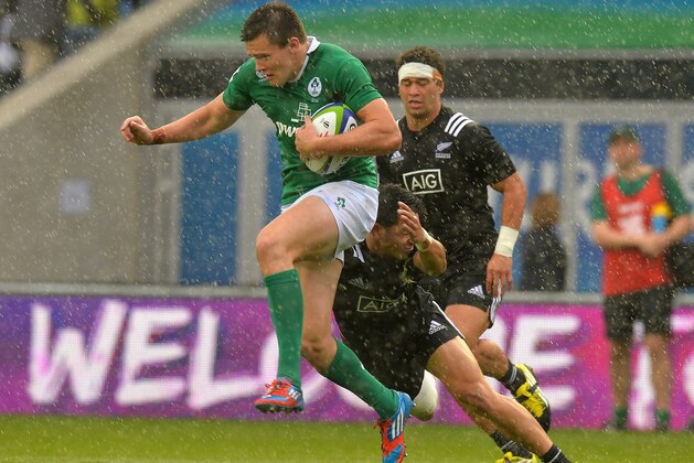 MANCHESTER, ENGLAND - JUNE 11:  TJ Vaa of New Zealand  tackles Jacob Stockdale of Ireland during the World Rugby U20 Championship match between  New Zealand and Ireland at The Academy Stadium on June 11, 2016 in Manchester, England.  (Photo by Tony Marshall/Getty Images)