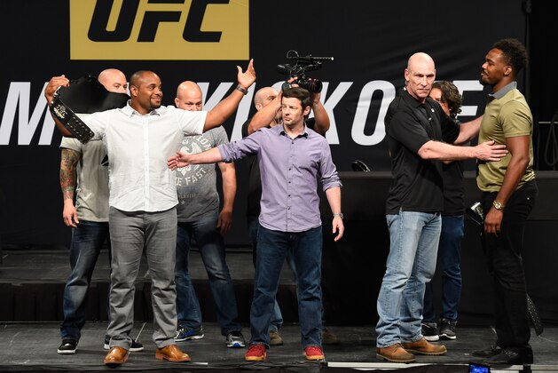 DALLAS, TX - MAY 12:  (L-R) UFC light heavyweight champion Daniel Cormier and Jon Jones face off during the UFC Summer Kickoff Press Conference at the American Airlines Center on May 12, 2017 in Dallas, Texas. (Photo by Josh Hedges/Zuffa LLC/Zuffa LLC via Getty Images)