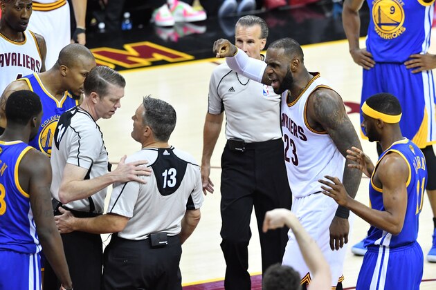 CLEVELAND, OH - JUNE 07: LeBron James #23 of the Cleveland Cavaliers complains to referee Monty McCutchen #13 against the Golden State Warriors during the first half of Game 3 of the 2017 NBA Finals at Quicken Loans Arena on June 7, 2017 in Cleveland, Ohio. NOTE TO USER: User expressly acknowledges and agrees that, by downloading and or using this photograph, User is consenting to the terms and conditions of the Getty Images License Agreement.  (Photo by Jason Miller/Getty Images)