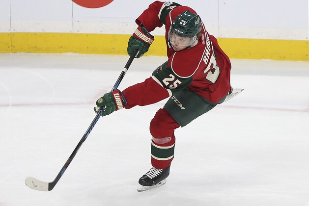 Minnesota Wild's Jonas Brodin (25) in the first period of an NHL hockey game against the San Jose Sharks, Tuesday, March 21, 2017, in St. Paul, Minn. The Wild won 3-2. (AP Photo/Stacy Bengs)